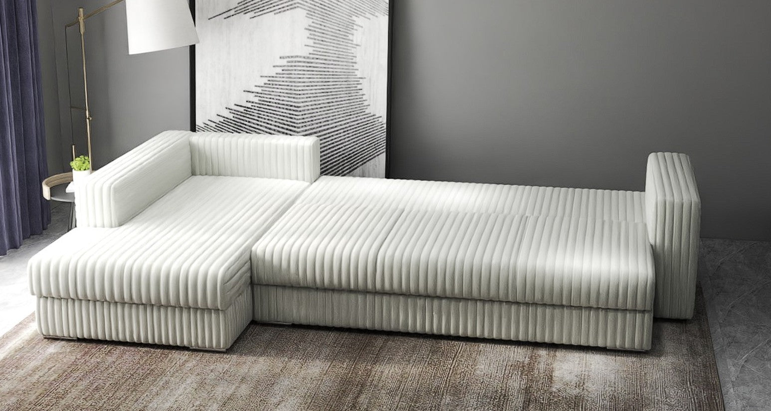 Colțar extensibil dumonde cu ladă de depozitare si sezut confortabil din spuma HR, Gloria  Ambience Ivory 320x183 cm Fabrica