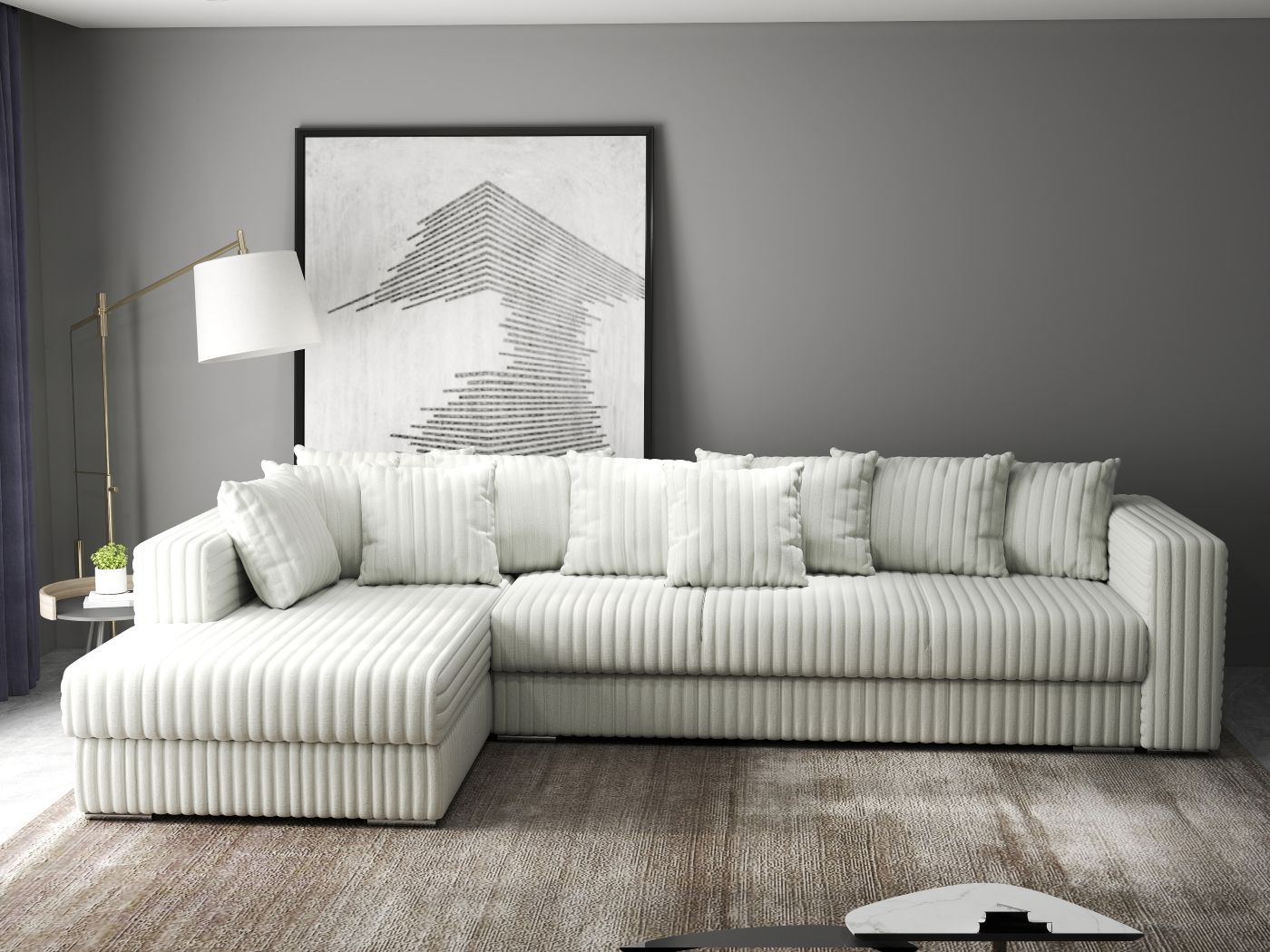 Colțar extensibil dumonde cu ladă de depozitare si sezut confortabil din spuma HR, Gloria  Ambience Ivory 320x183 cm Fabrica