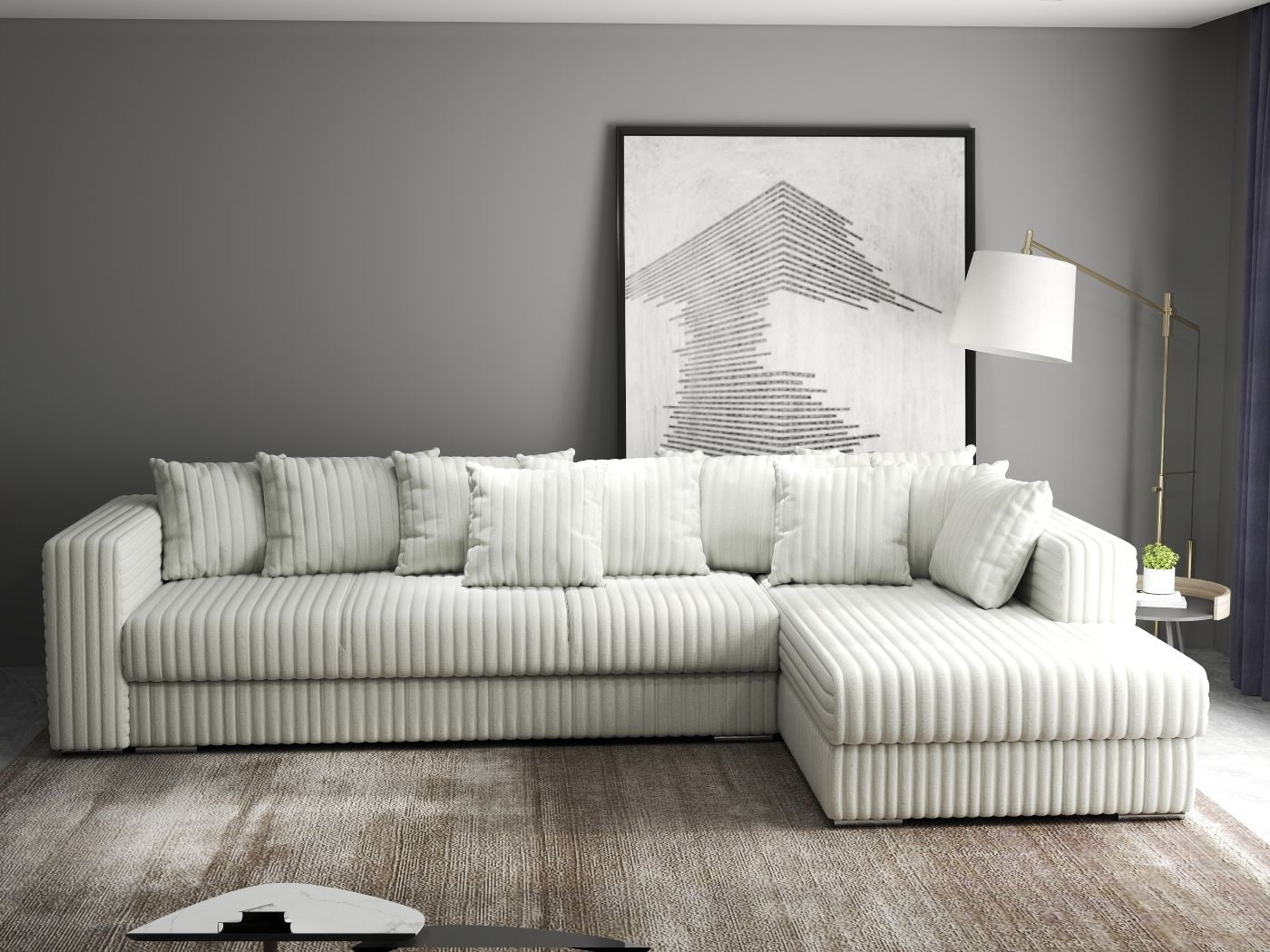 Colțar extensibil dumonde cu ladă de depozitare si sezut confortabil din spuma HR, Gloria Ambience Ivory II 320x183 cm Fabrica