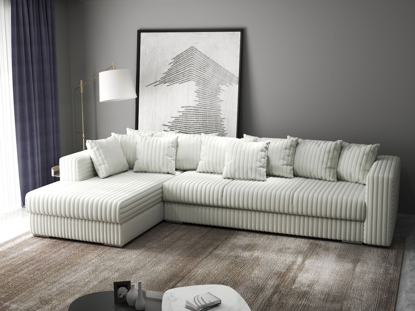 Colțar extensibil dumonde cu ladă de depozitare si sezut confortabil din spuma HR, Gloria  Ambience Ivory 320x183 cm Fabrica