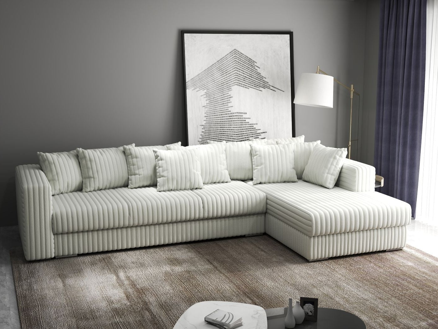 Colțar extensibil dumonde cu ladă de depozitare si sezut confortabil din spuma HR, Gloria Ambience Ivory II 320x183 cm Fabrica