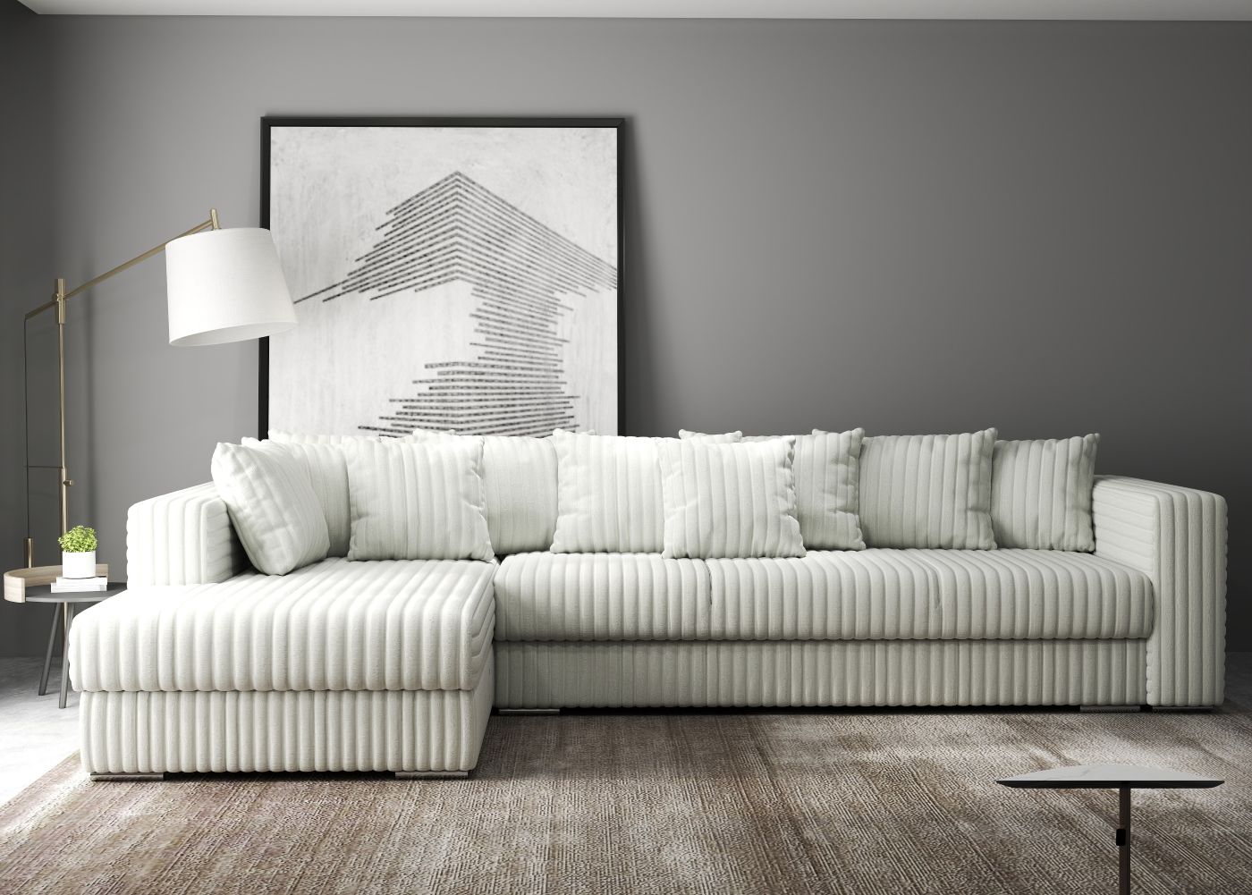 Colțar extensibil dumonde cu ladă de depozitare si sezut confortabil din spuma HR, Gloria  Ambience Ivory 320x183 cm Fabrica