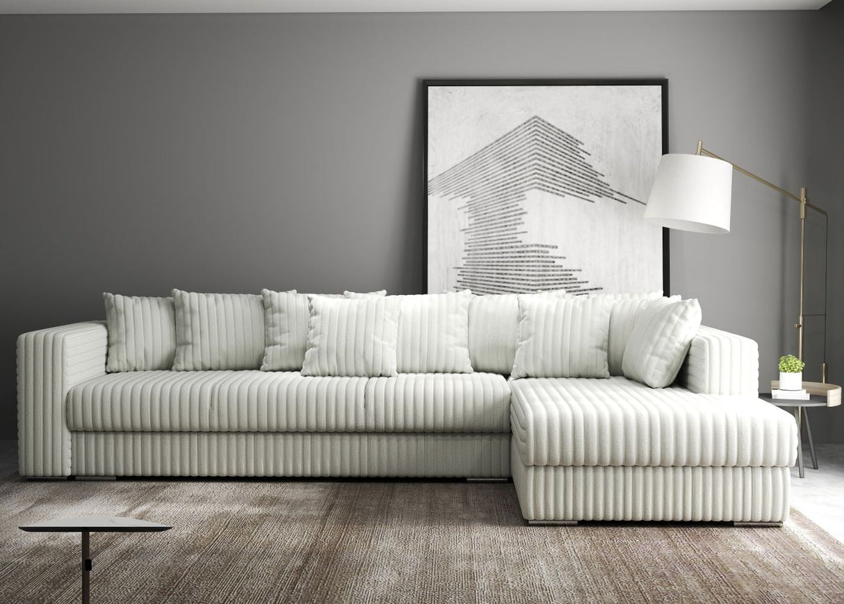 Colțar extensibil dumonde cu ladă de depozitare si sezut confortabil din spuma HR, Gloria Bej Ambience II 320x183 cm Fabrica