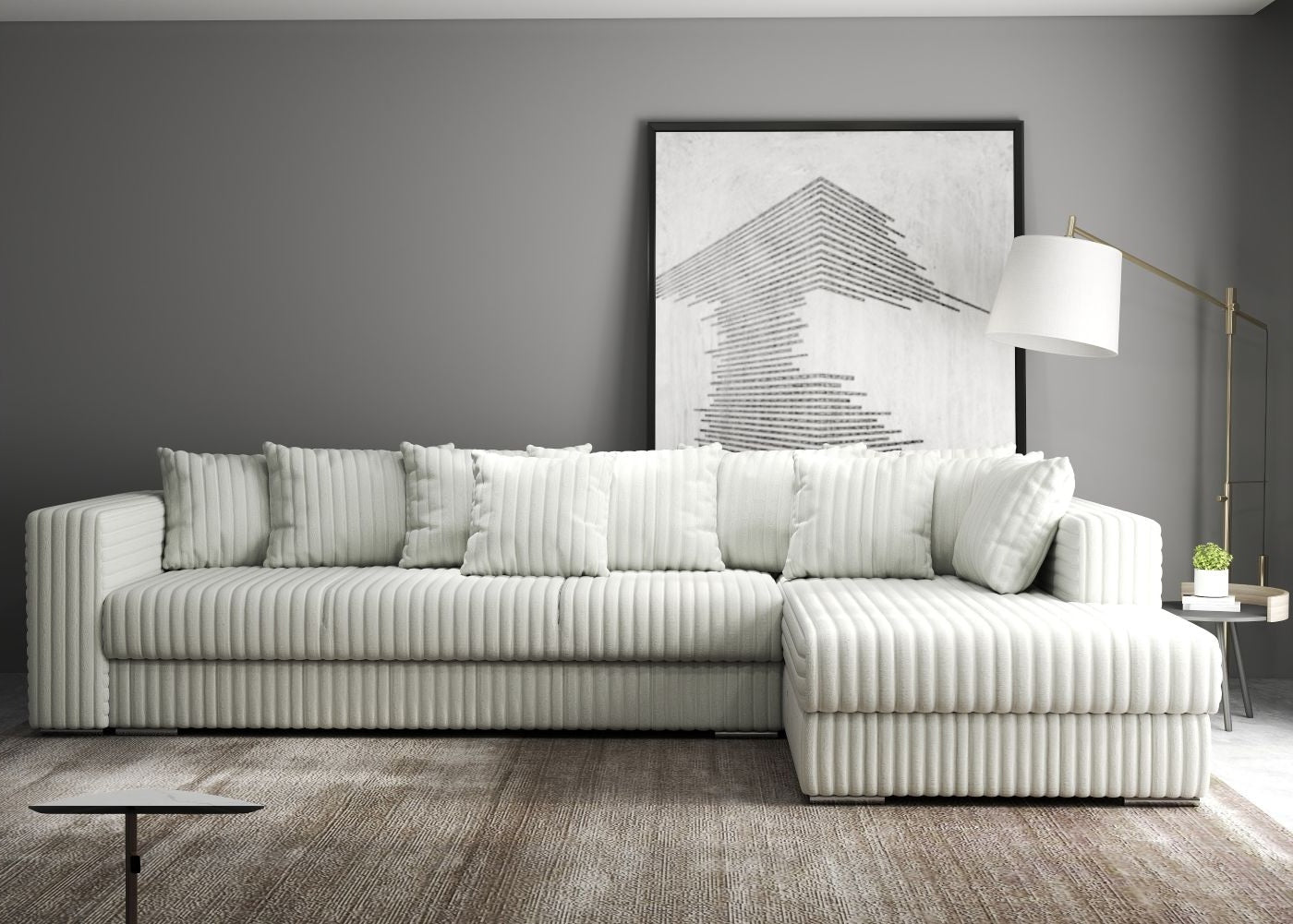 Colțar extensibil dumonde cu ladă de depozitare si sezut confortabil din spuma HR, Gloria Ambience Ivory II 320x183 cm Fabrica