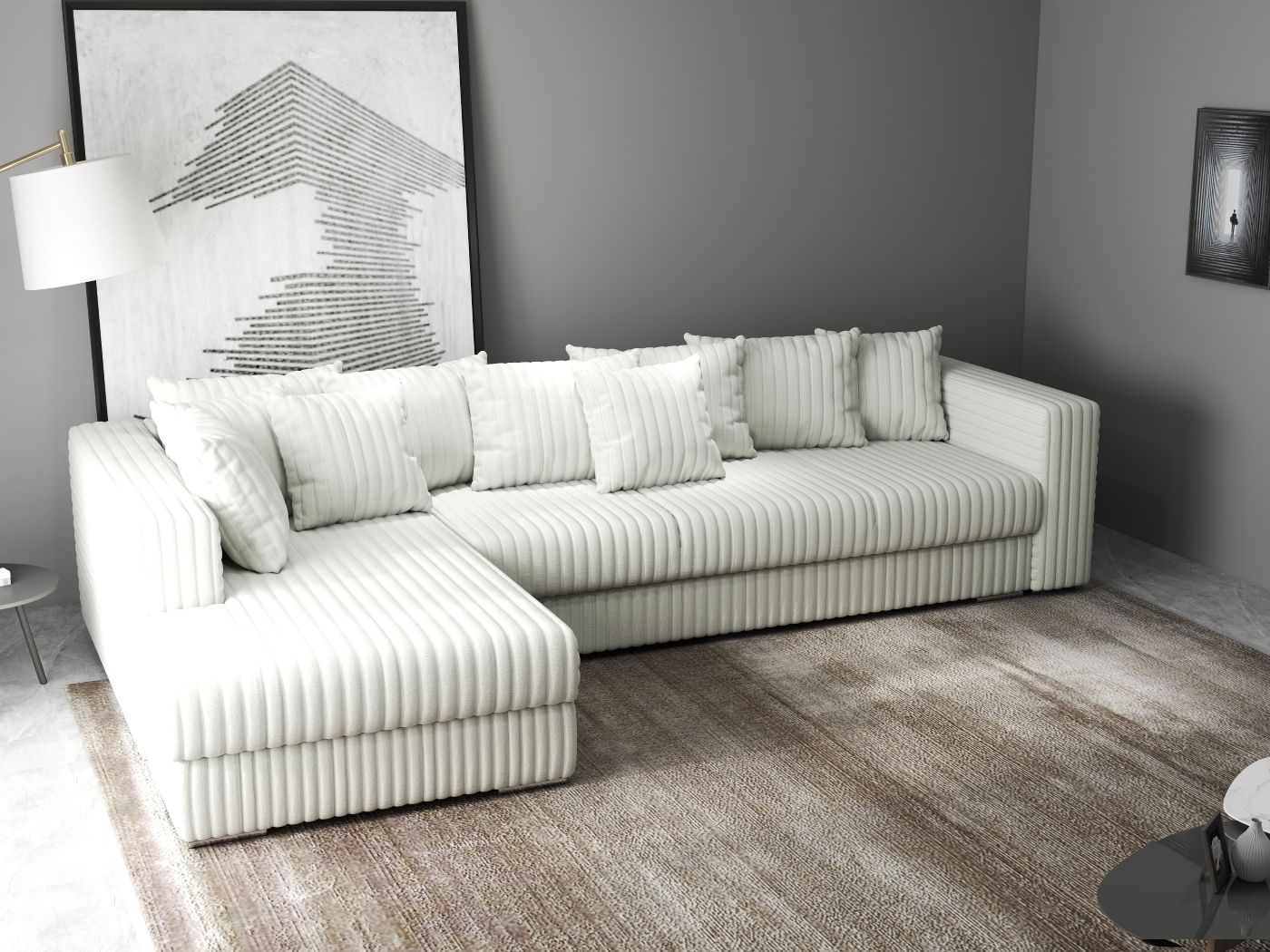 Colțar extensibil dumonde cu ladă de depozitare si sezut confortabil din spuma HR, Gloria  Ambience Ivory 320x183 cm Fabrica