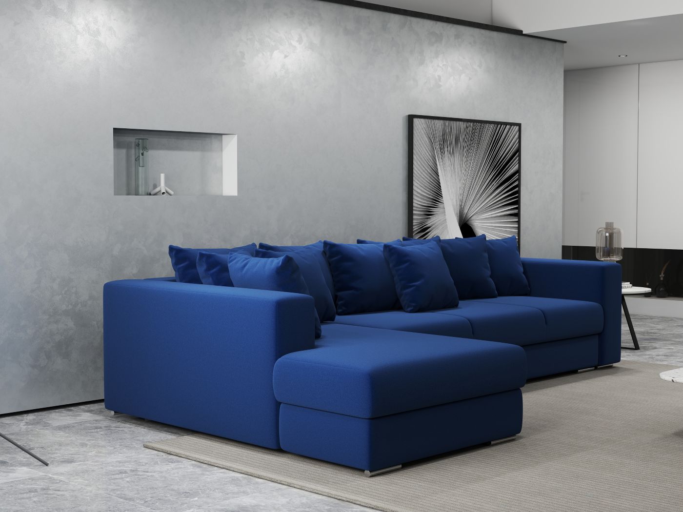 Colțar extensibil dumonde cu ladă de depozitare si sezut confortabil din spuma HR, Gloria Royal Blue 320x183 cm Fabrica
