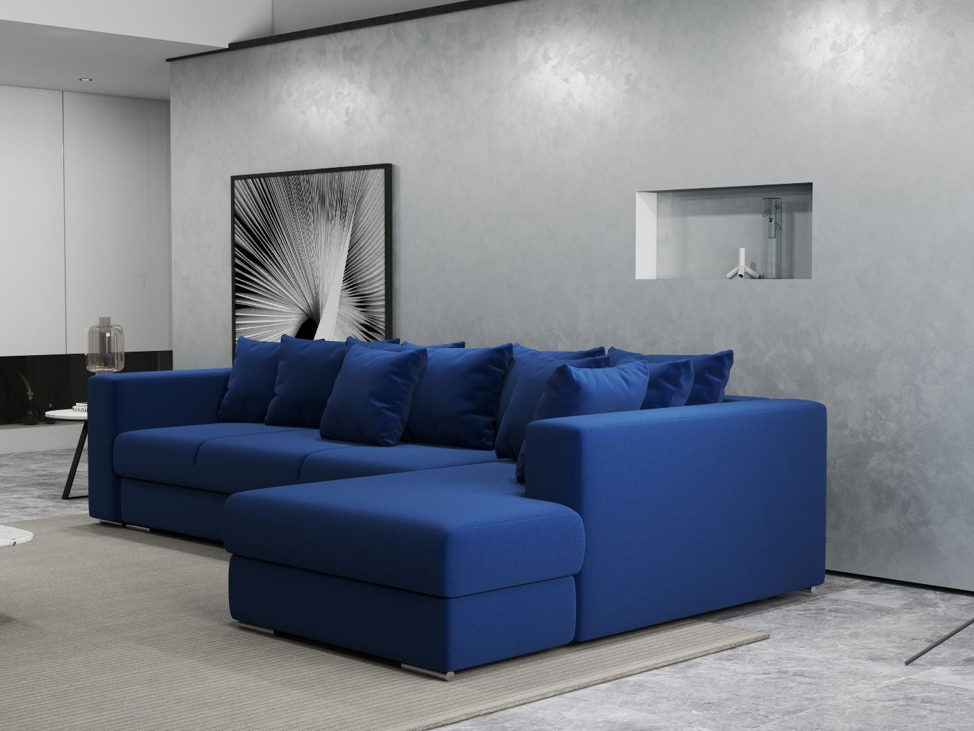 Colțar extensibil dumonde cu ladă de depozitare si sezut confortabil din spuma HR, Gloria Royal Blue II 320x183 cm Fabrica