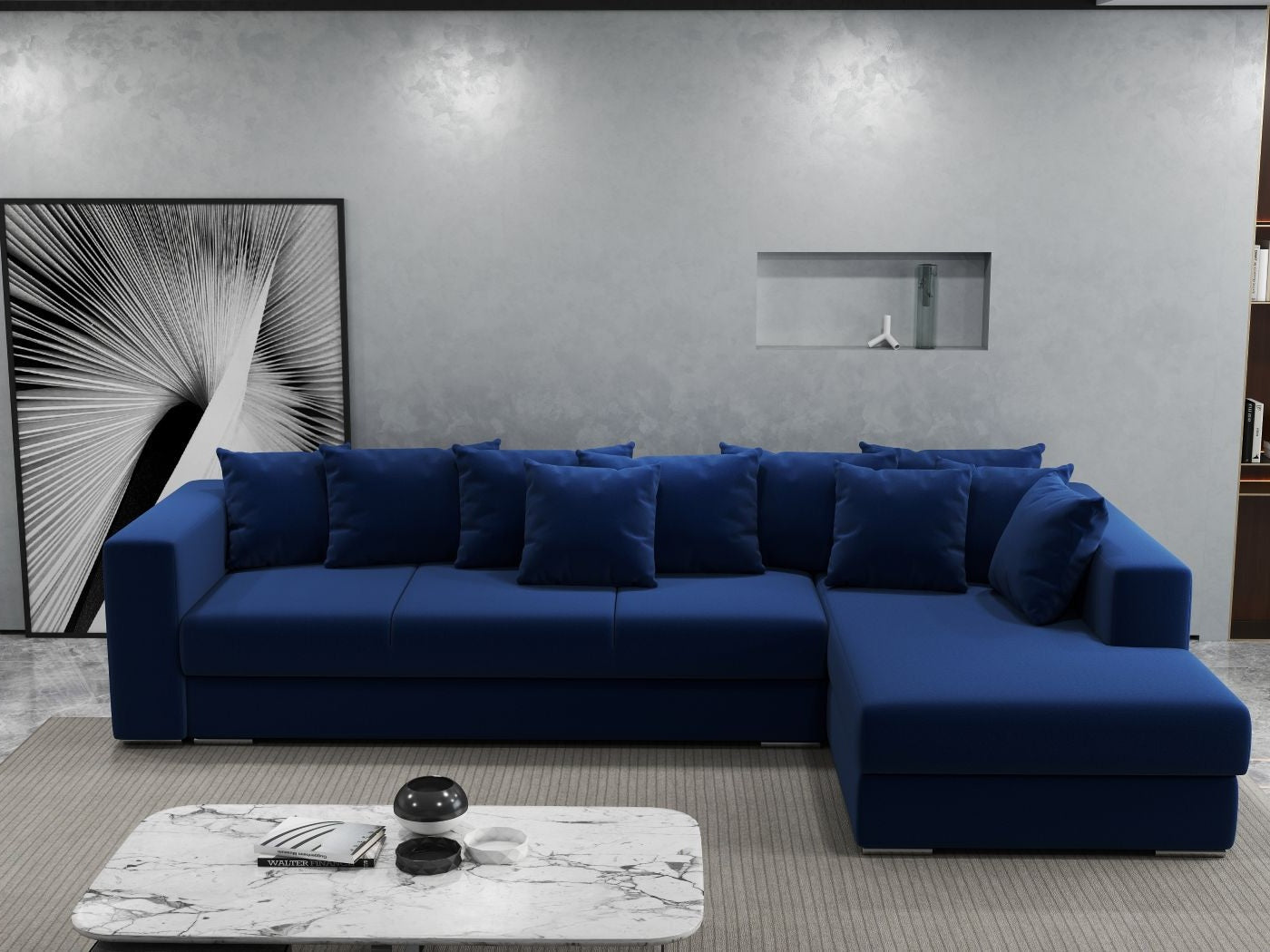 Colțar extensibil dumonde cu ladă de depozitare si sezut confortabil din spuma HR, Gloria Royal Blue II 320x183 cm Fabrica