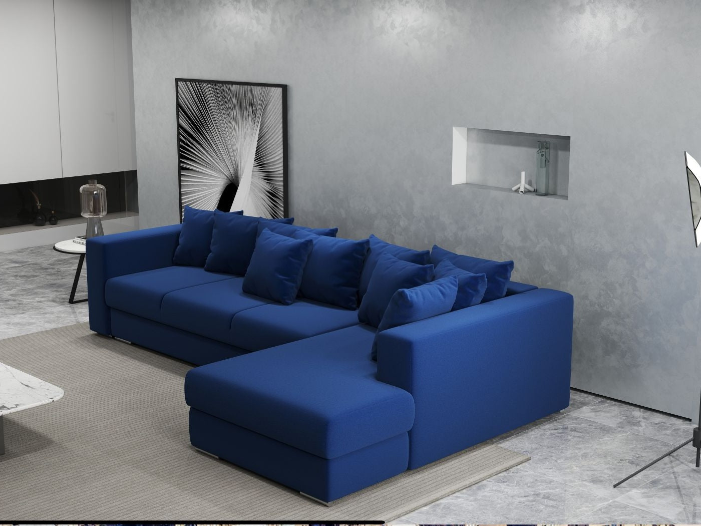 Colțar extensibil dumonde cu ladă de depozitare si sezut confortabil din spuma HR, Gloria Royal Blue II 320x183 cm Fabrica