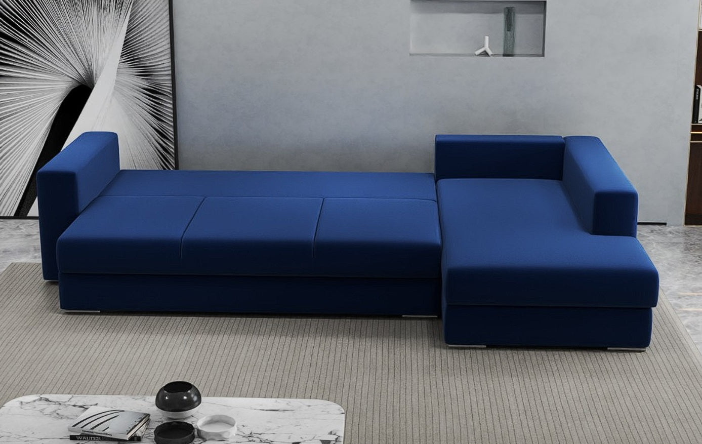 Colțar extensibil dumonde cu ladă de depozitare si sezut confortabil din spuma HR, Gloria Royal Blue II 320x183 cm Fabrica