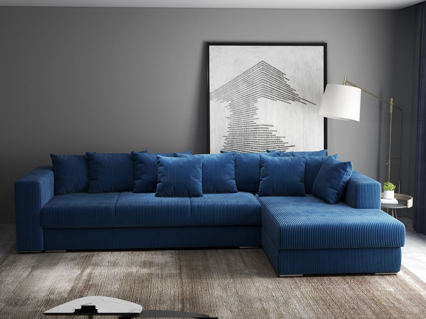 Colțar extensibil dumonde cu ladă de depozitare si sezut confortabil din spuma HR, Gloria Zoom Blue 320x183 cm Fabrica