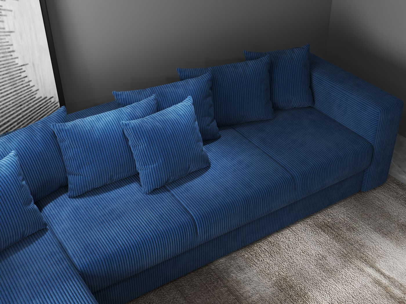 Colțar extensibil dumonde cu ladă de depozitare si sezut confortabil din spuma HR, Gloria Zoom Blue II 320x183 cm Fabrica