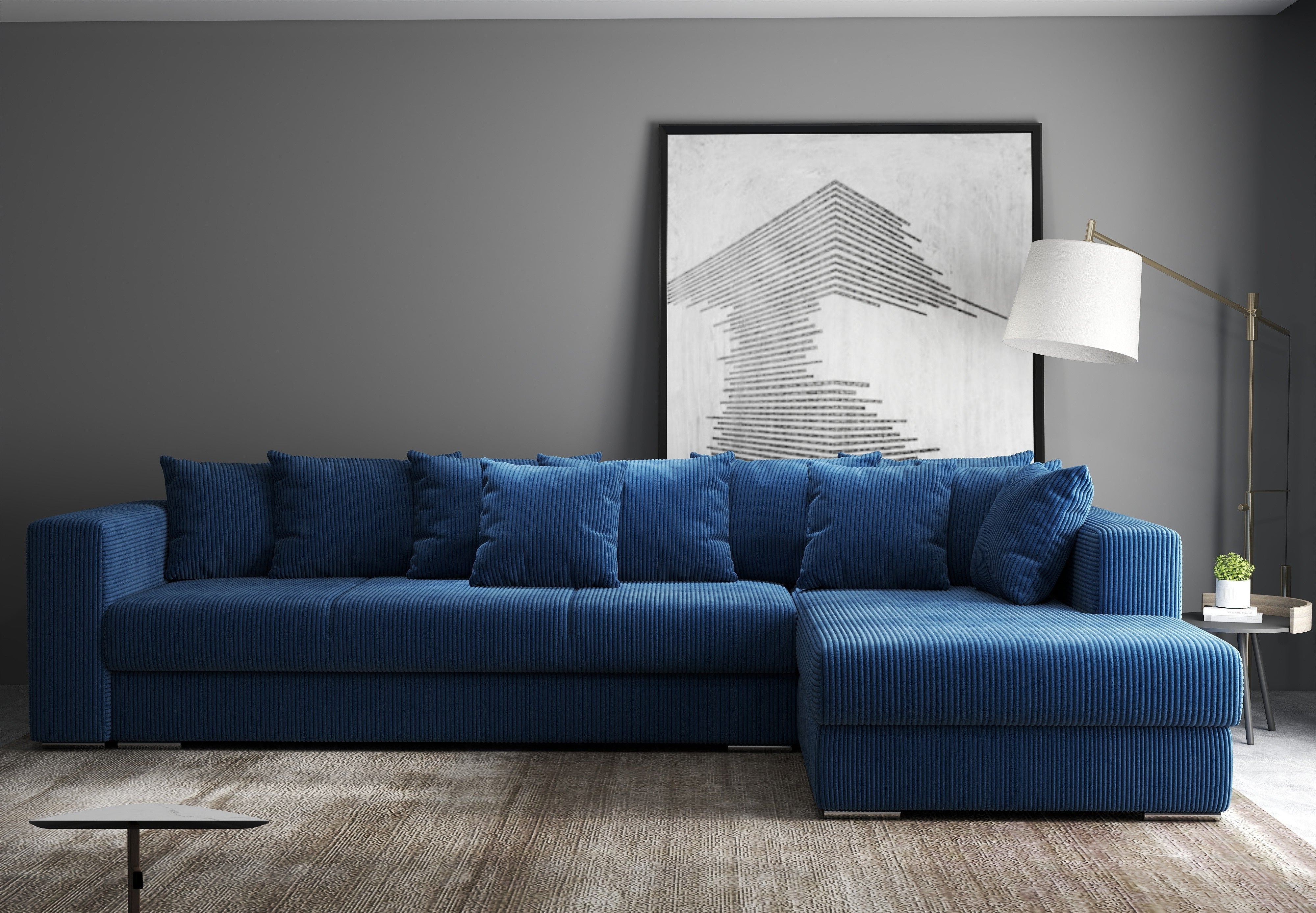 Colțar extensibil dumonde cu ladă de depozitare si sezut confortabil din spuma HR, Gloria Zoom Blue 320x183 cm Fabrica