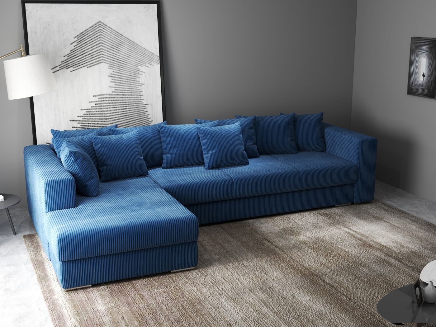 Colțar extensibil dumonde cu ladă de depozitare si sezut confortabil din spuma HR, Gloria Zoom Blue II 320x183 cm Fabrica
