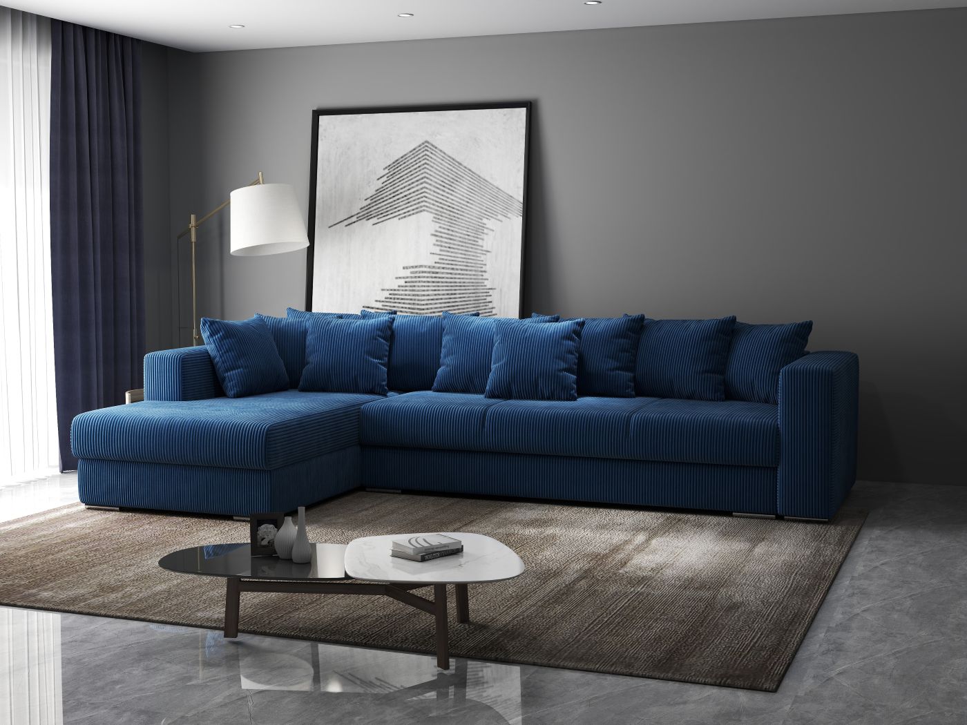 Colțar extensibil dumonde cu ladă de depozitare si sezut confortabil din spuma HR, Gloria Zoom Blue II 320x183 cm Fabrica