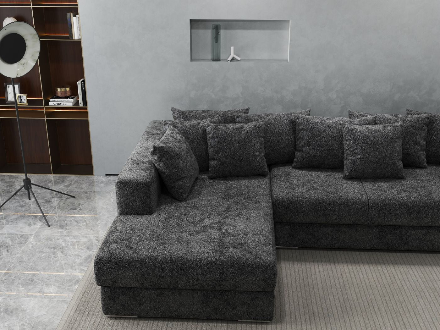 Colțar extensibil dumonde cu ladă de depozitare si sezut confortabil din spuma HR, Gloria Euphoria Black 320x183 cm Fabrica