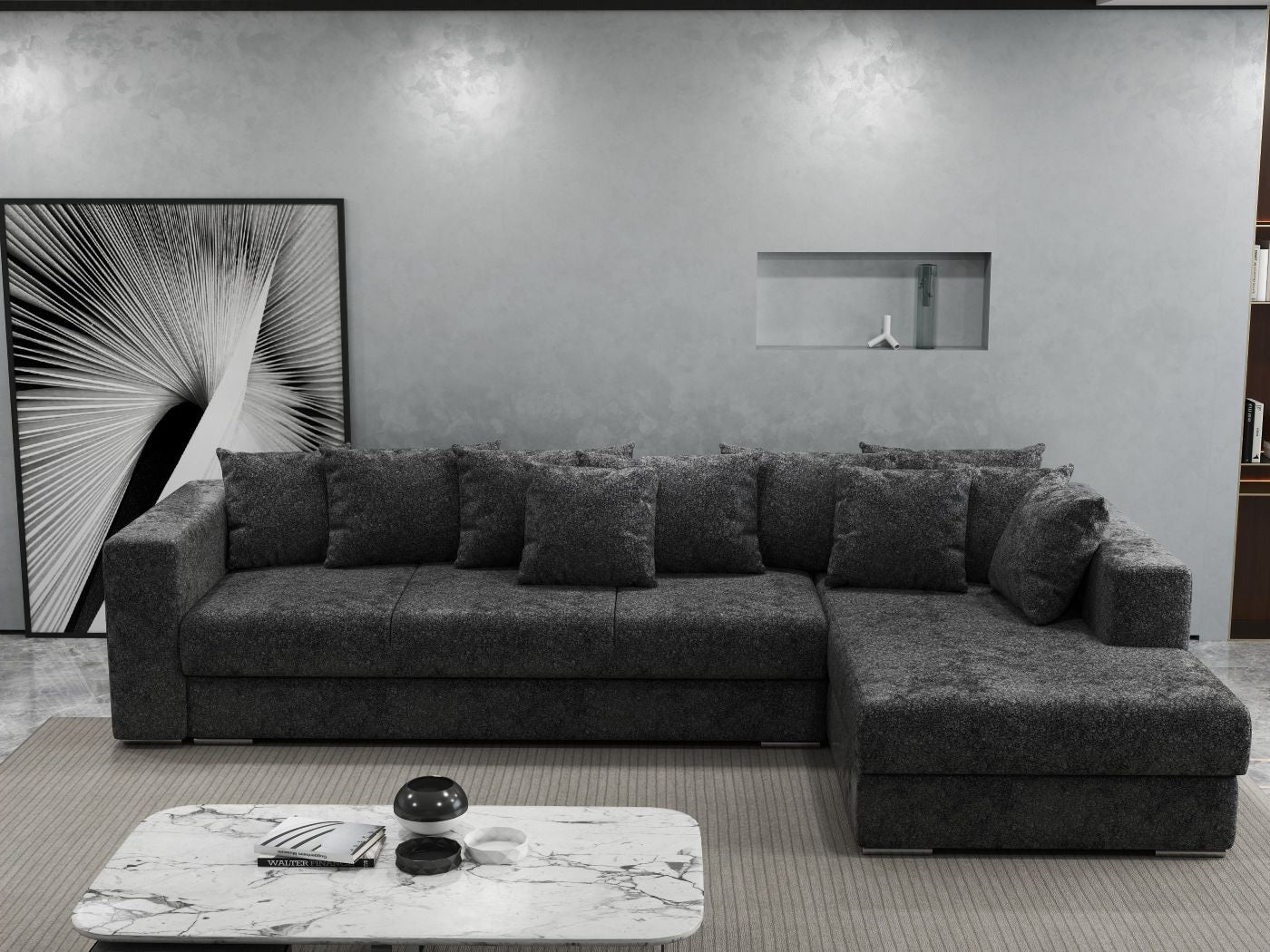 Colțar extensibil dumonde cu ladă de depozitare si sezut confortabil din spuma HR, Gloria Euphoria Black II 320x183 cm Fabrica