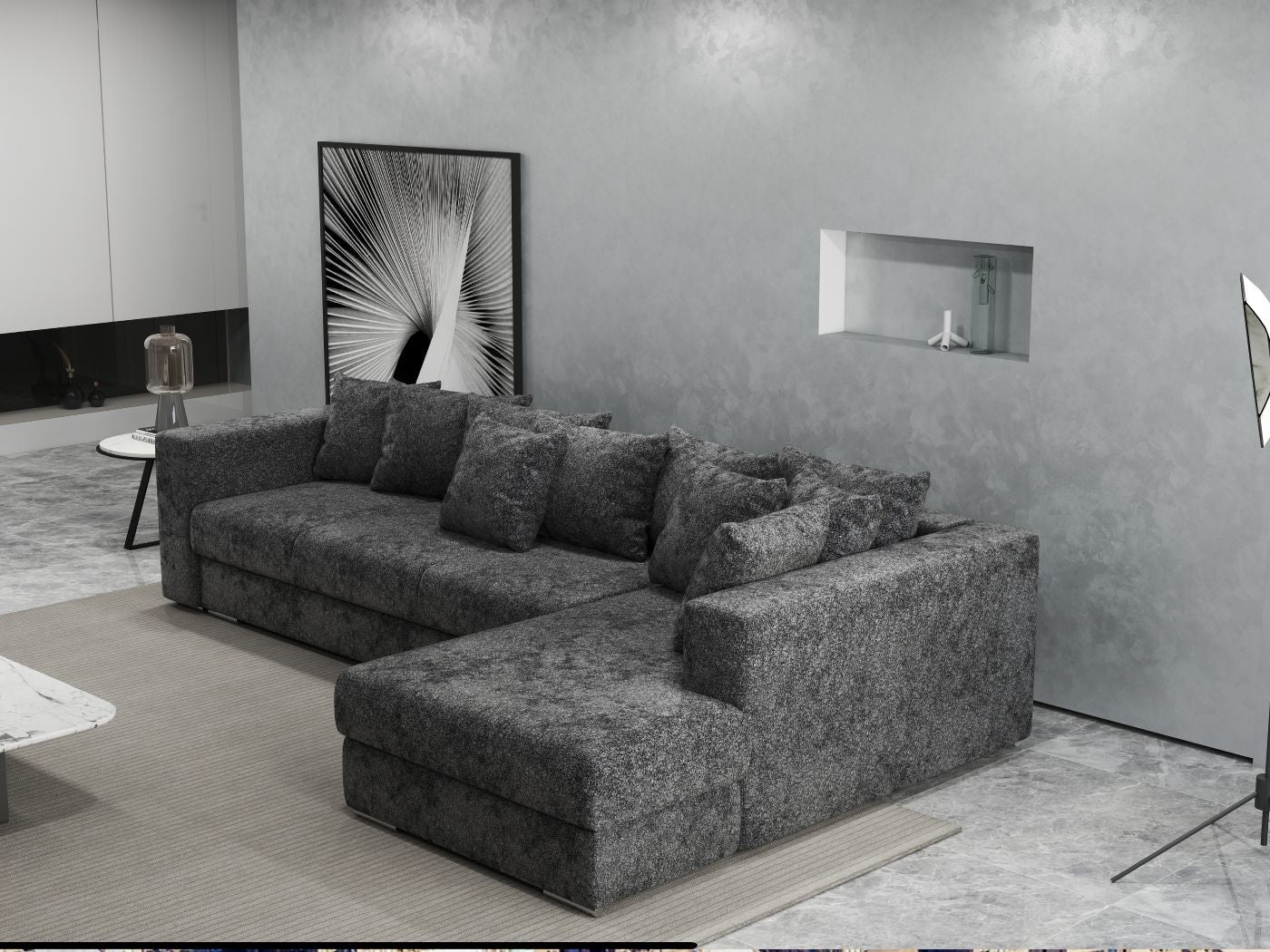 Colțar extensibil dumonde cu ladă de depozitare si sezut confortabil din spuma HR, Gloria Euphoria Black II 320x183 cm Fabrica
