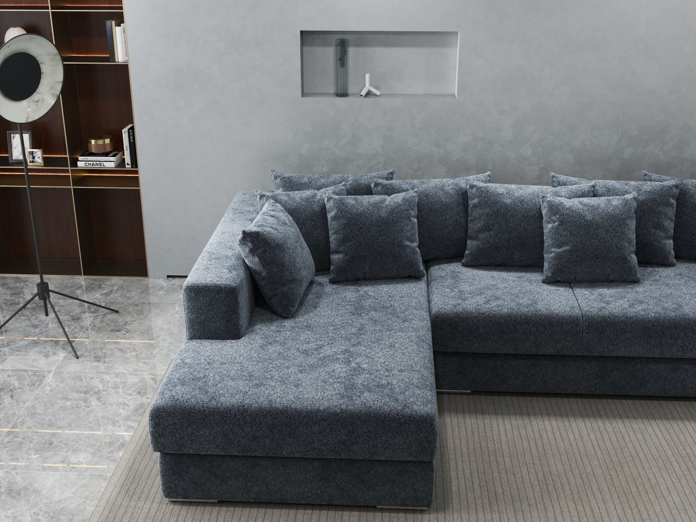 Colțar extensibil dumonde cu ladă de depozitare si sezut confortabil din spuma HR, Gloria Euphoria Grafit 320x183 cm Fabrica