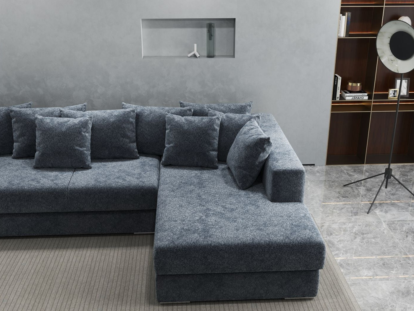 Colțar extensibil dumonde cu ladă de depozitare si sezut confortabil din spuma HR, Gloria Euphoria Grafit II 320x183 cm Fabrica