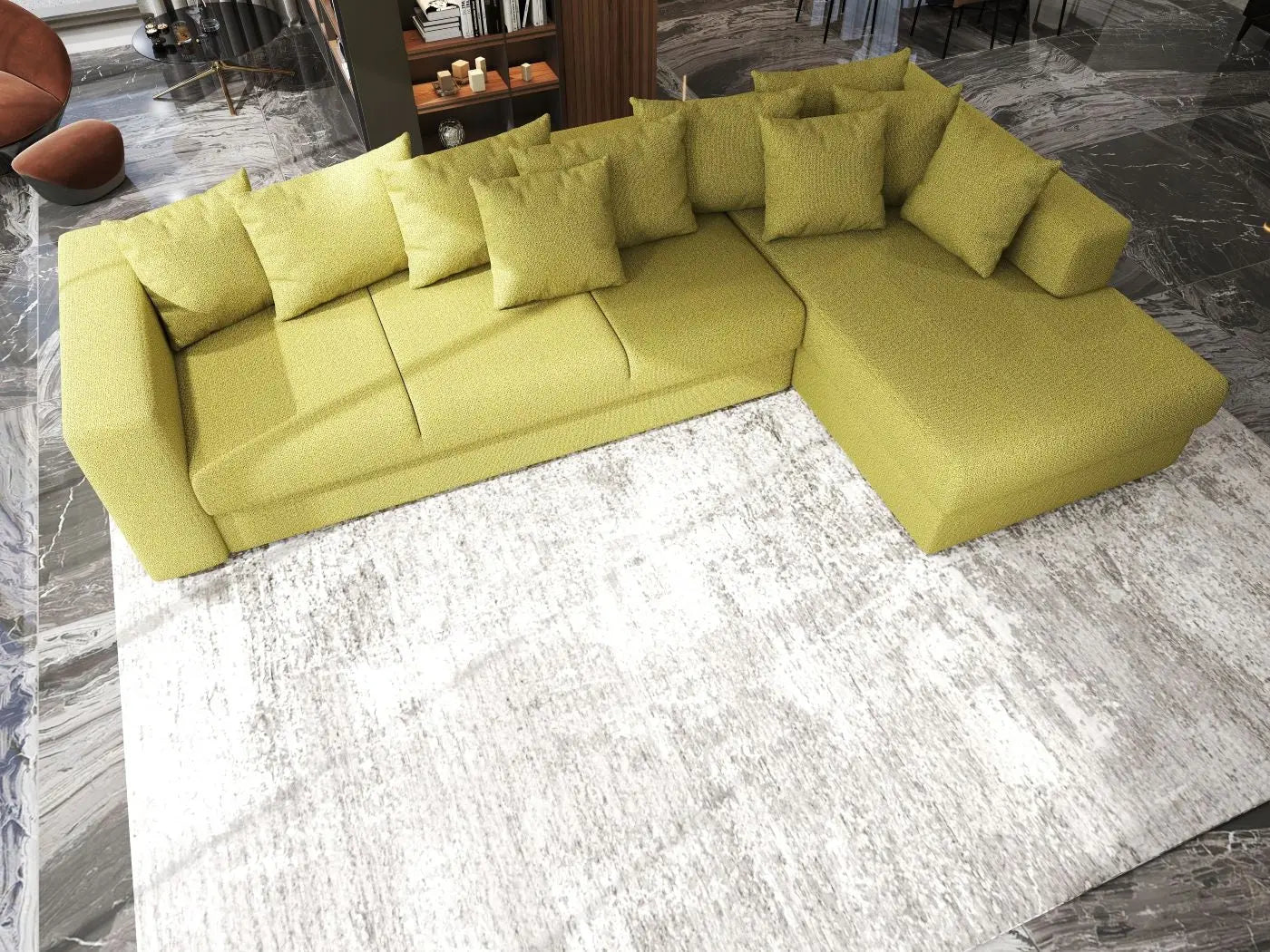 Colțar extensibil dumonde cu ladă de depozitare si sezut confortabil din spuma HR, Gloria Green Lux II 320x183 cm Fabrica