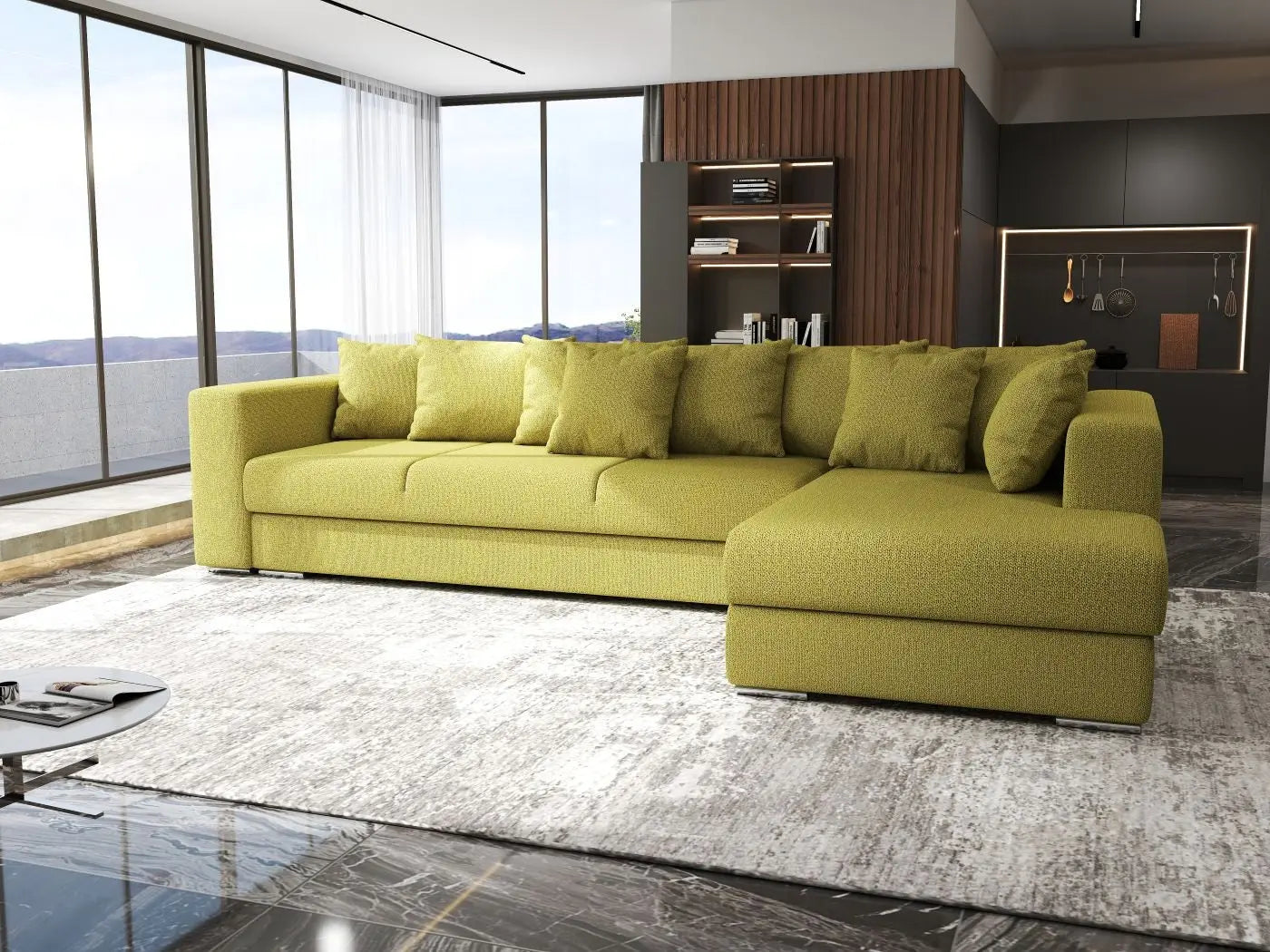 Colțar extensibil dumonde cu ladă de depozitare si sezut confortabil din spuma HR, Gloria Green Lux II 320x183 cm Fabrica