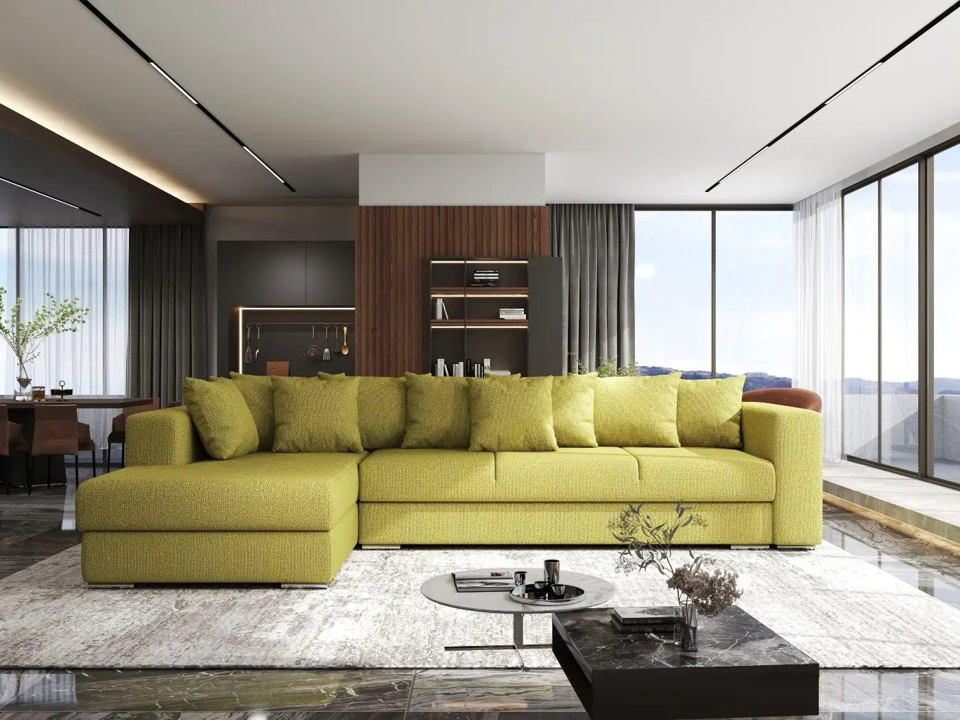 Colțar extensibil dumonde cu ladă de depozitare si sezut confortabil din spuma HR, Gloria Enjoy Green 320x183 cm Fabrica