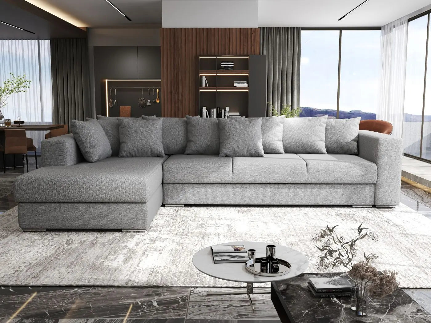 Colțar extensibil dumonde cu ladă de depozitare si sezut confortabil din spuma HR, Gloria Grey 320x183 cm Fabrica