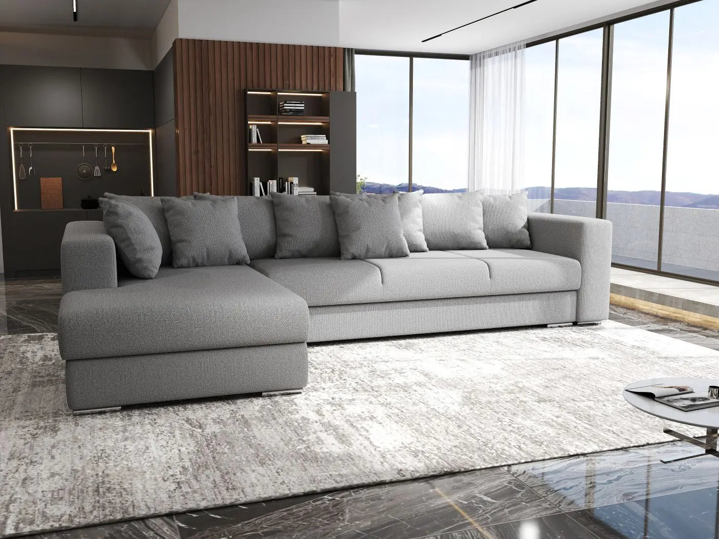 Colțar extensibil dumonde cu ladă de depozitare si sezut confortabil din spuma HR, Gloria Grey 320x183 cm Fabrica