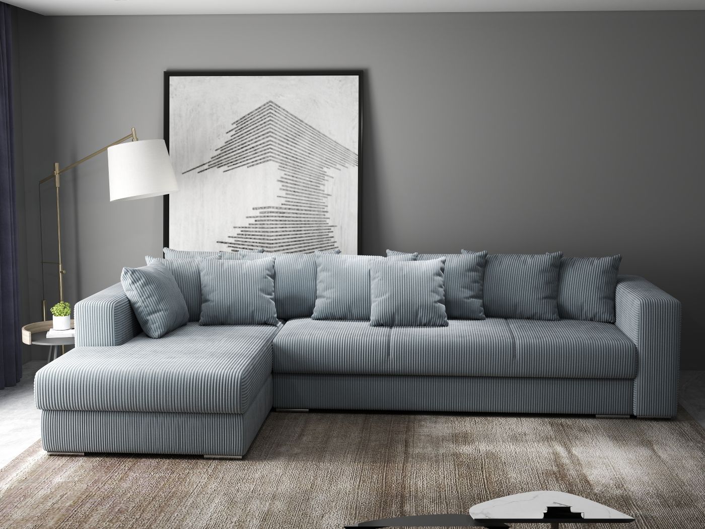 Colțar extensibil dumonde cu ladă de depozitare si sezut confortabil din spuma HR, Gloria Zoom Grey 320x183 cm Fabrica