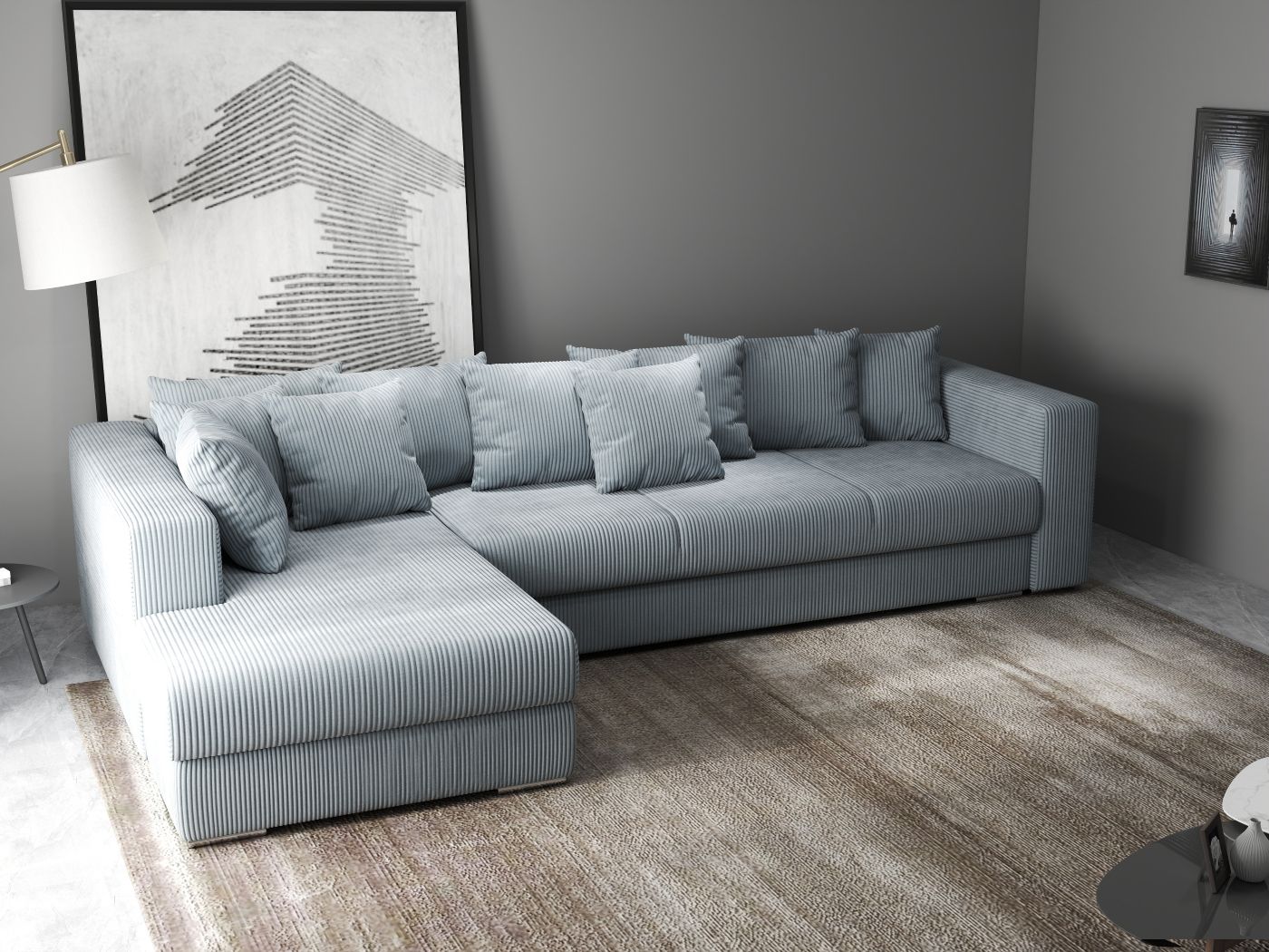 Colțar extensibil dumonde cu ladă de depozitare si sezut confortabil din spuma HR, Gloria Zoom Grey 320x183 cm Fabrica
