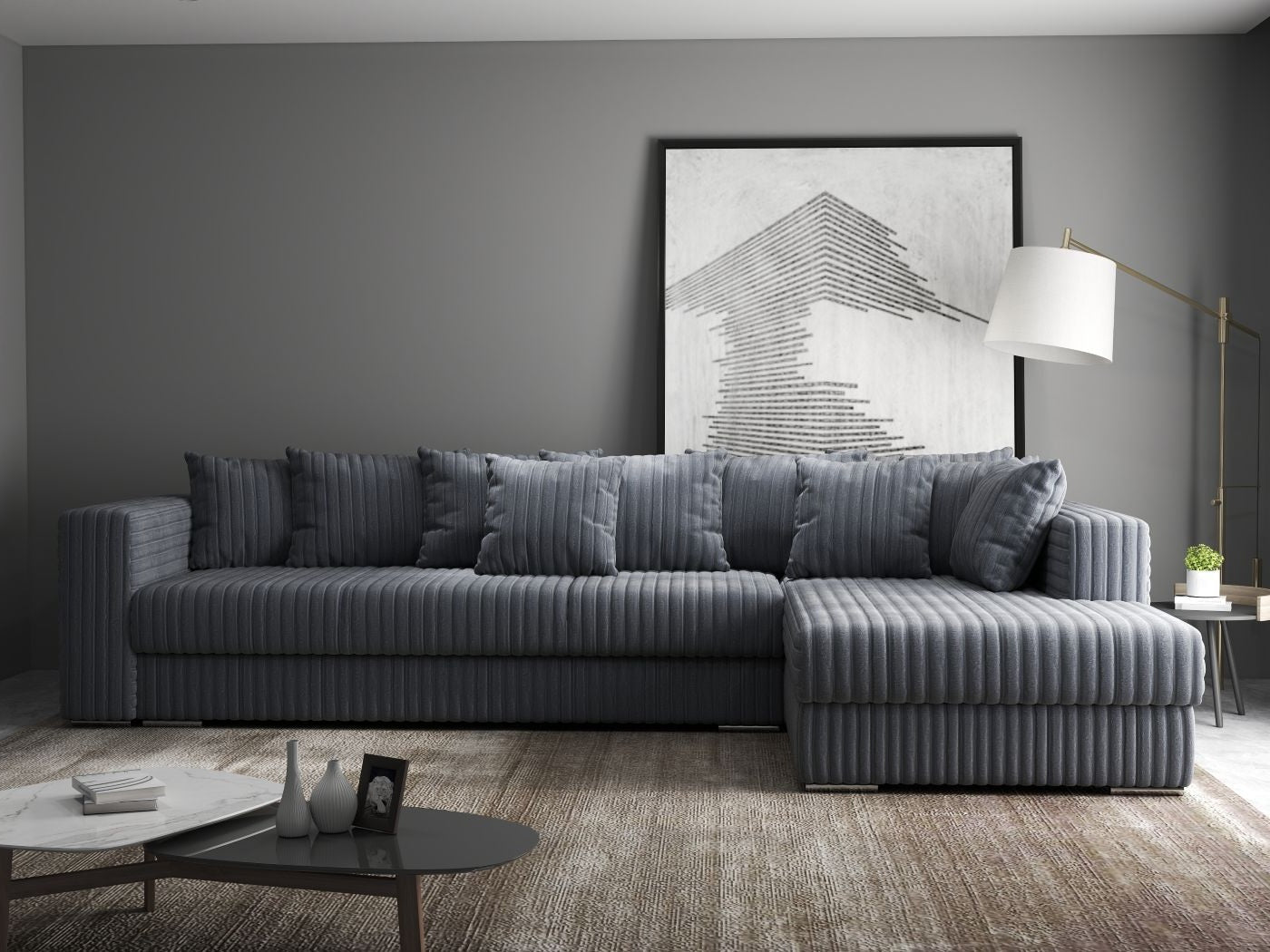 Colțar extensibil dumonde cu ladă de depozitare si sezut confortabil din spuma HR, Gloria Ambience Gri 320x183 cm Fabrica