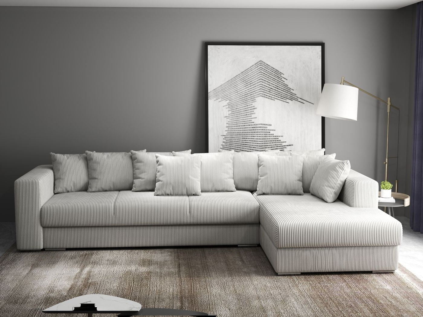 Colțar extensibil dumonde cu ladă de depozitare si sezut confortabil din spuma HR, Gloria Zoom Cream II 320x183 cm Fabrica
