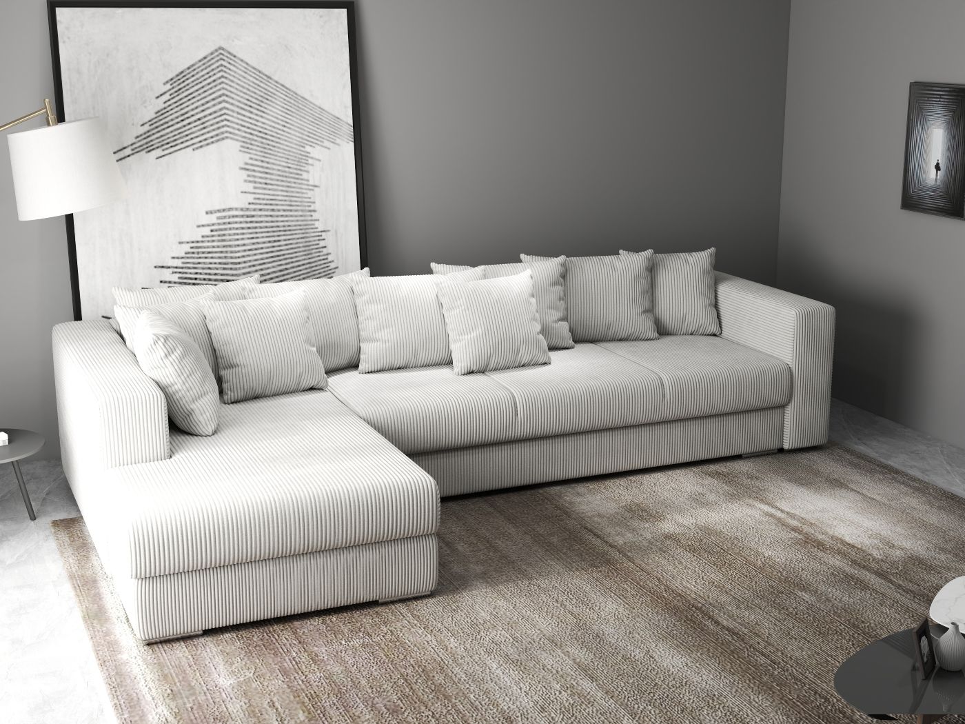 Colțar extensibil dumonde cu ladă de depozitare si sezut confortabil din spuma HR, Gloria Zoom Cream 320x183 cm Fabrica