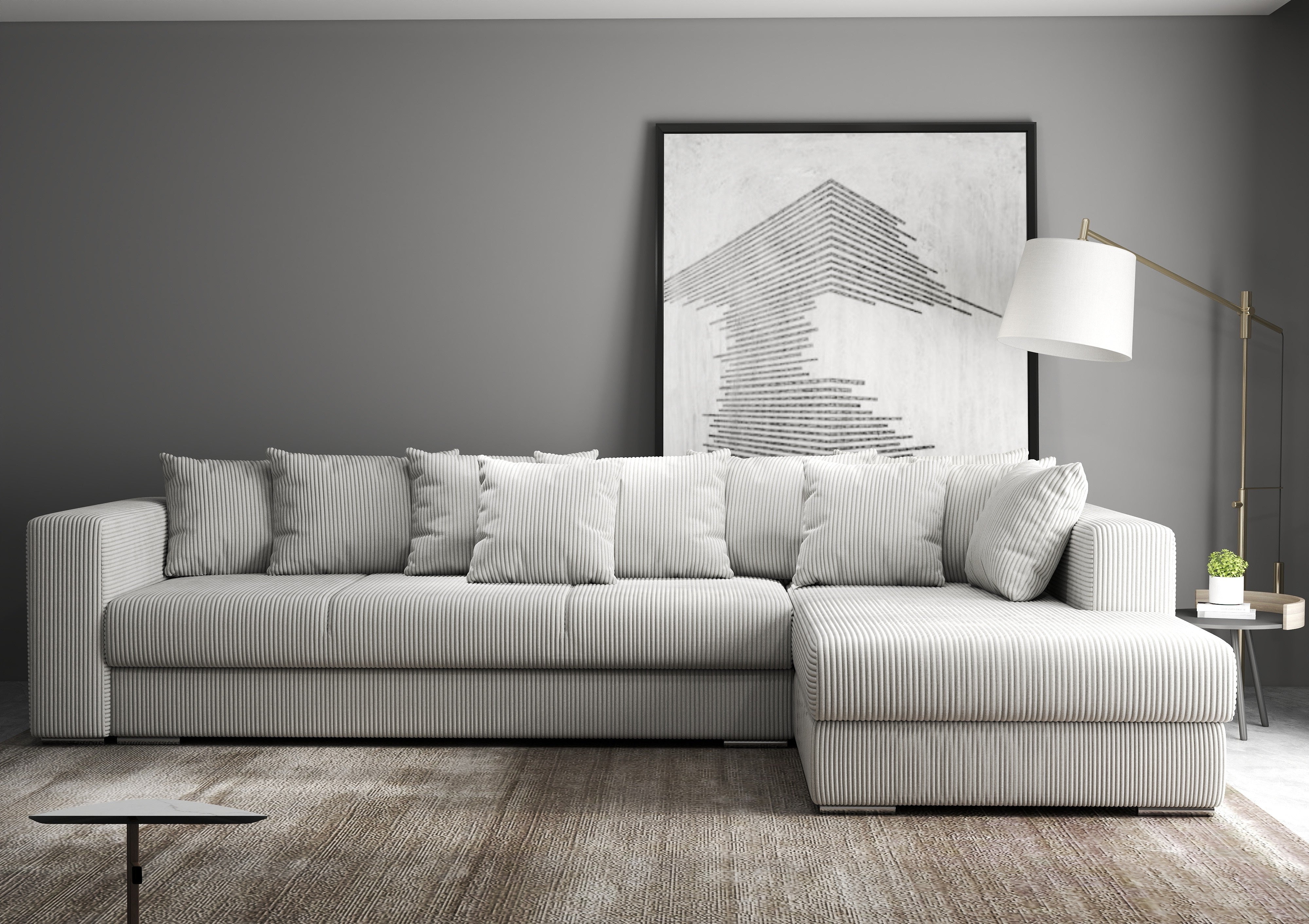 Colțar extensibil dumonde cu ladă de depozitare si sezut confortabil din spuma HR, Gloria Zoom Cream II 320x183 cm Fabrica