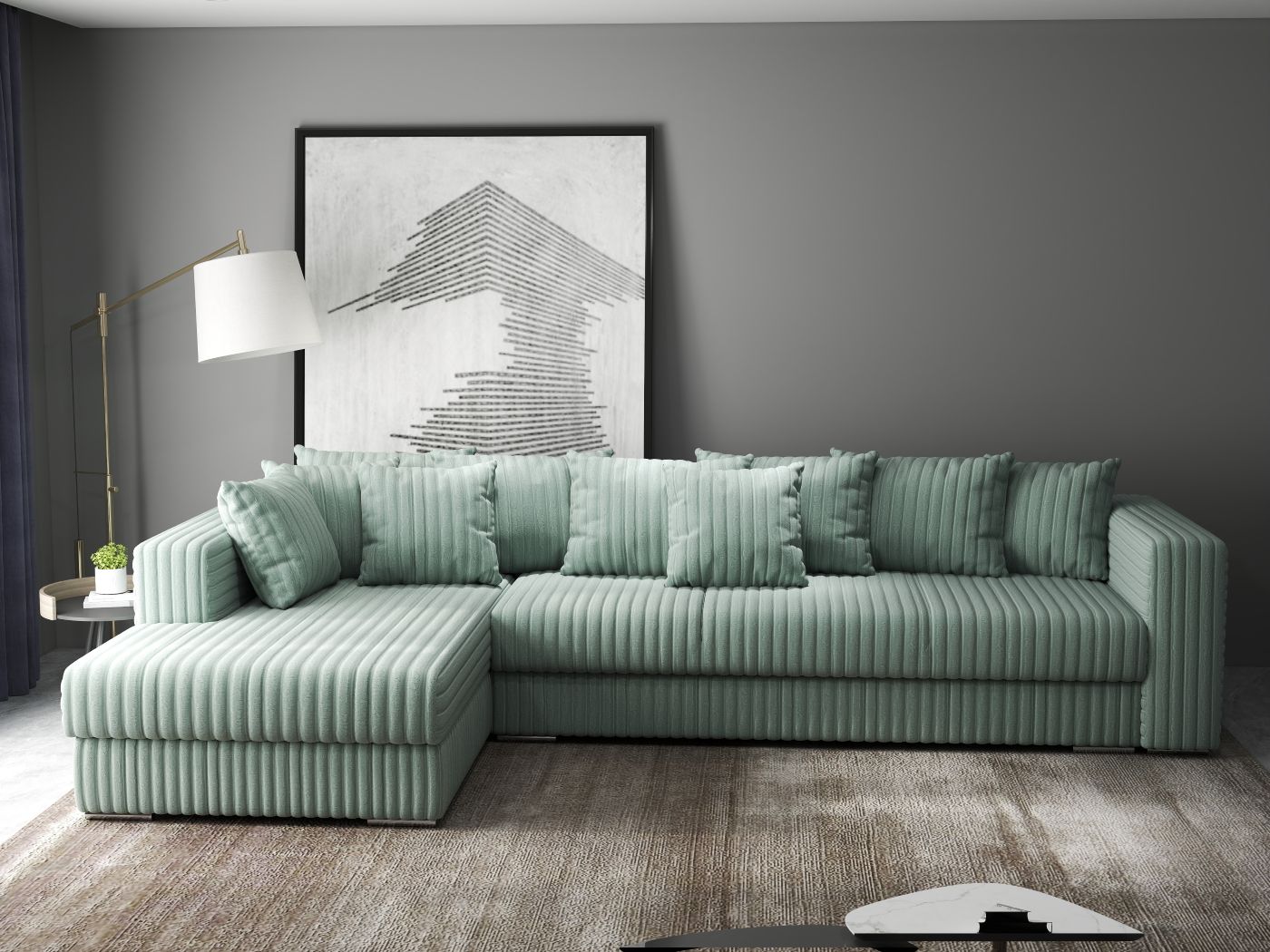 Colțar extensibil dumonde cu ladă de depozitare si sezut confortabil din spuma HR, Gloria Ambience Mint 320x183 cm Fabrica