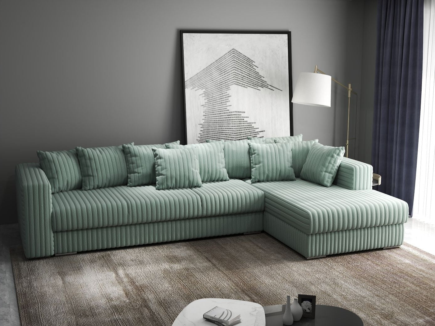 Colțar extensibil dumonde cu ladă de depozitare si sezut confortabil din spuma HR, Gloria Ambience Mint II 320x183 cm Fabrica