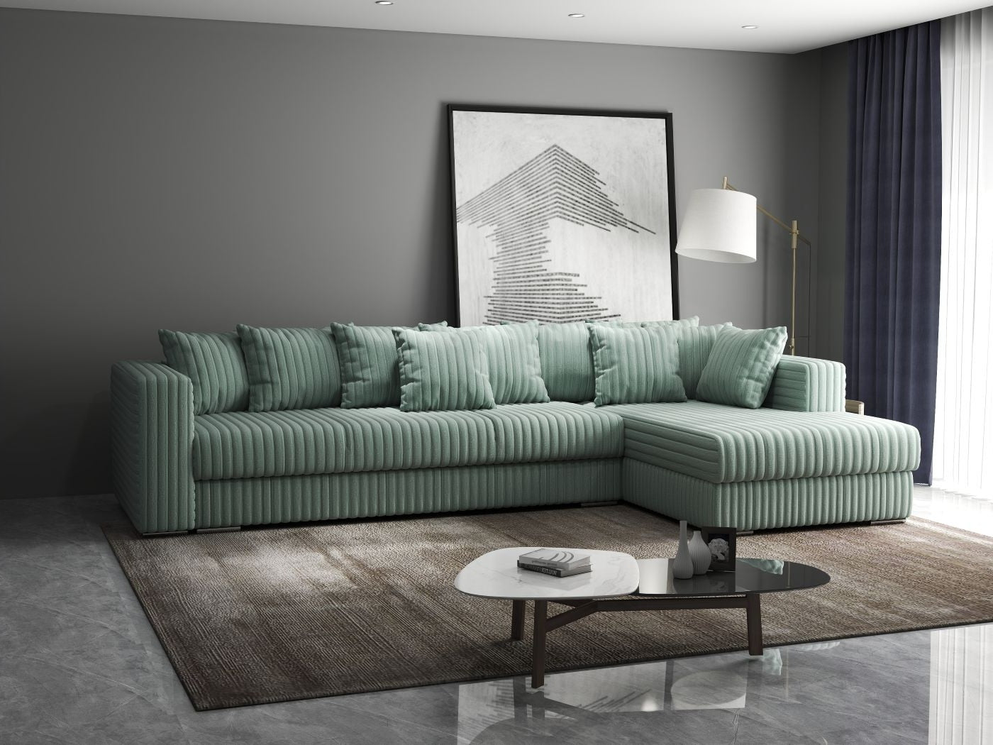 Colțar extensibil dumonde cu ladă de depozitare si sezut confortabil din spuma HR, Gloria Ambience Mint II 320x183 cm Fabrica