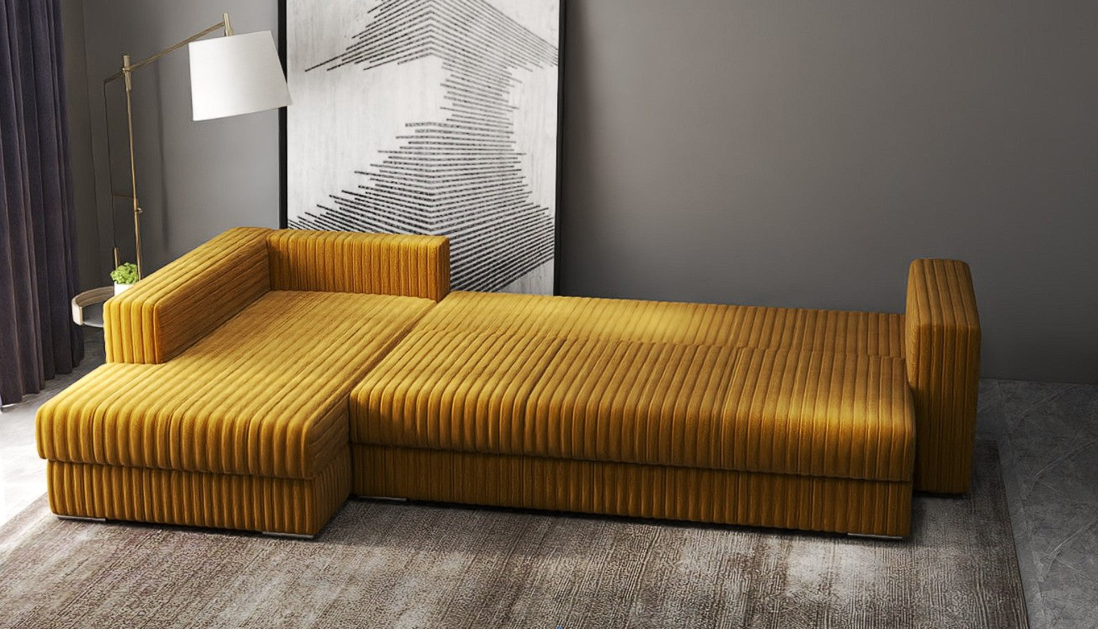 Colțar extensibil dumonde cu ladă de depozitare si sezut confortabil din spuma HR, Gloria Ambience Mustar 320x183 cm Fabrica