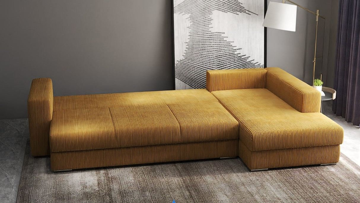 Colțar extensibil dumonde cu ladă de depozitare si sezut confortabil din spuma HR, Gloria Mustar Zoom II 320x183 cm Fabrica