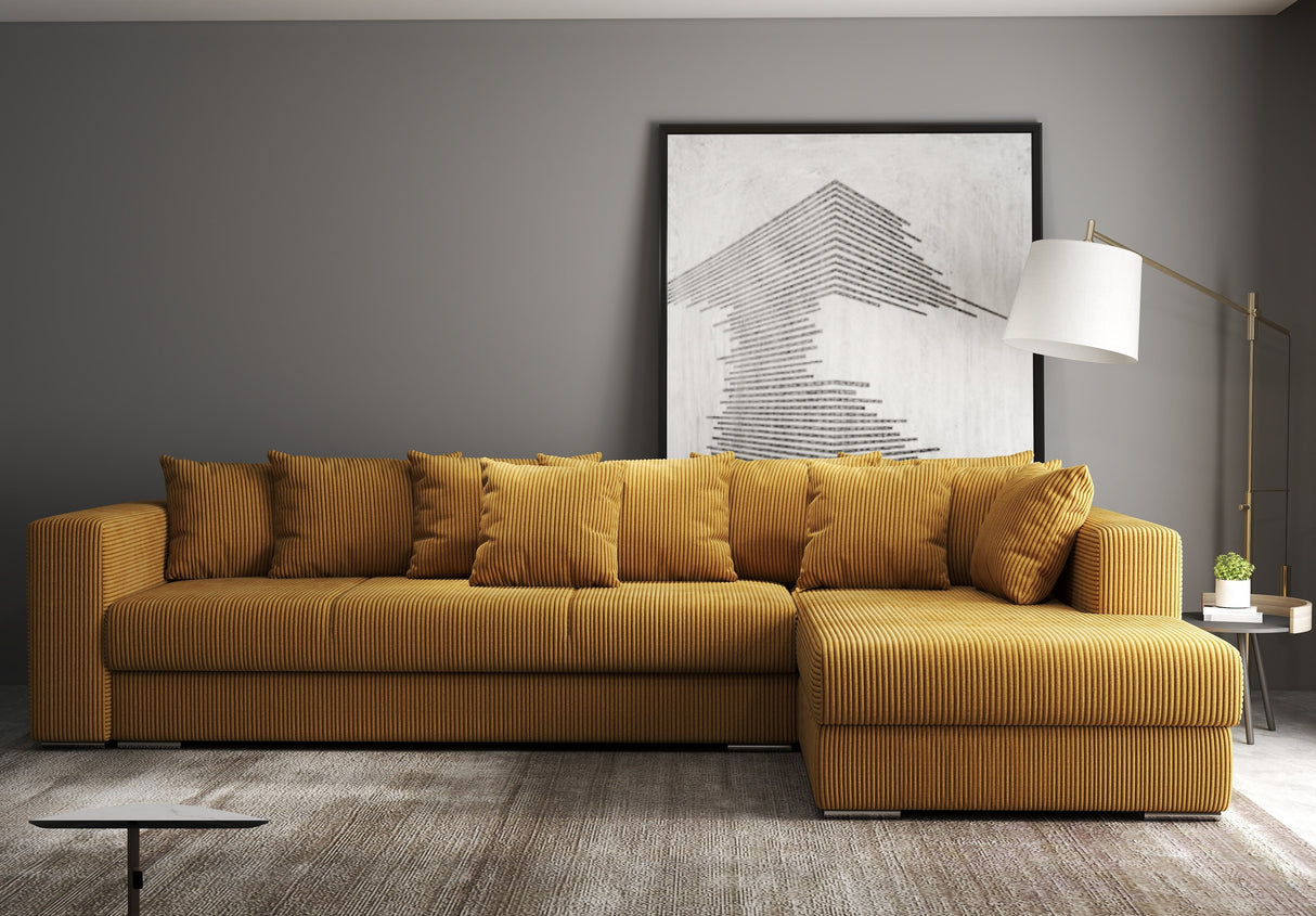 Colțar extensibil dumonde cu ladă de depozitare si sezut confortabil din spuma HR, Gloria Mustar Zoom II 320x183 cm Fabrica
