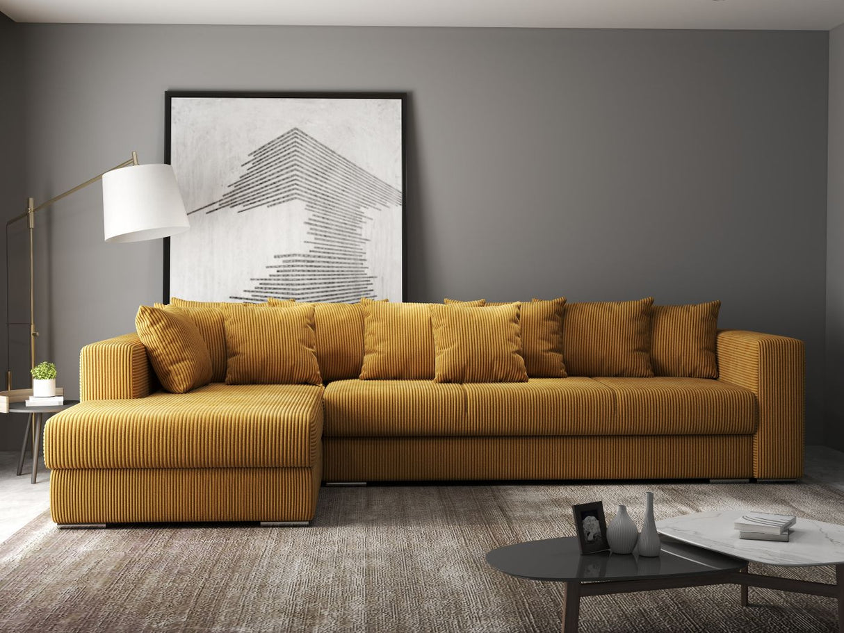 Colțar extensibil dumonde cu ladă de depozitare si sezut confortabil din spuma HR, Gloria Mustar Zoom 320x183 cm Fabrica