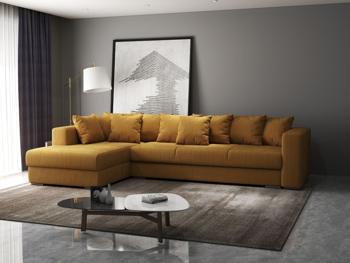 Colțar extensibil dumonde cu ladă de depozitare si sezut confortabil din spuma HR, Gloria Mustar Zoom 320x183 cm Fabrica