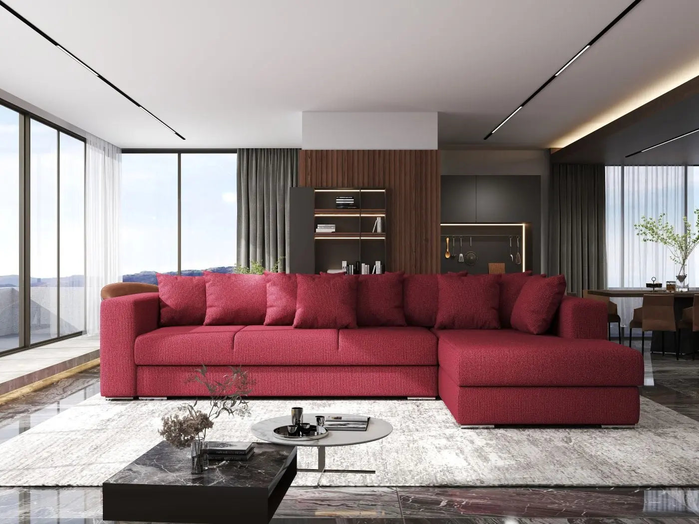 Colțar extensibil dumonde cu ladă de depozitare si sezut confortabil din spuma HR, Gloria Red II 320x183 cm Fabrica