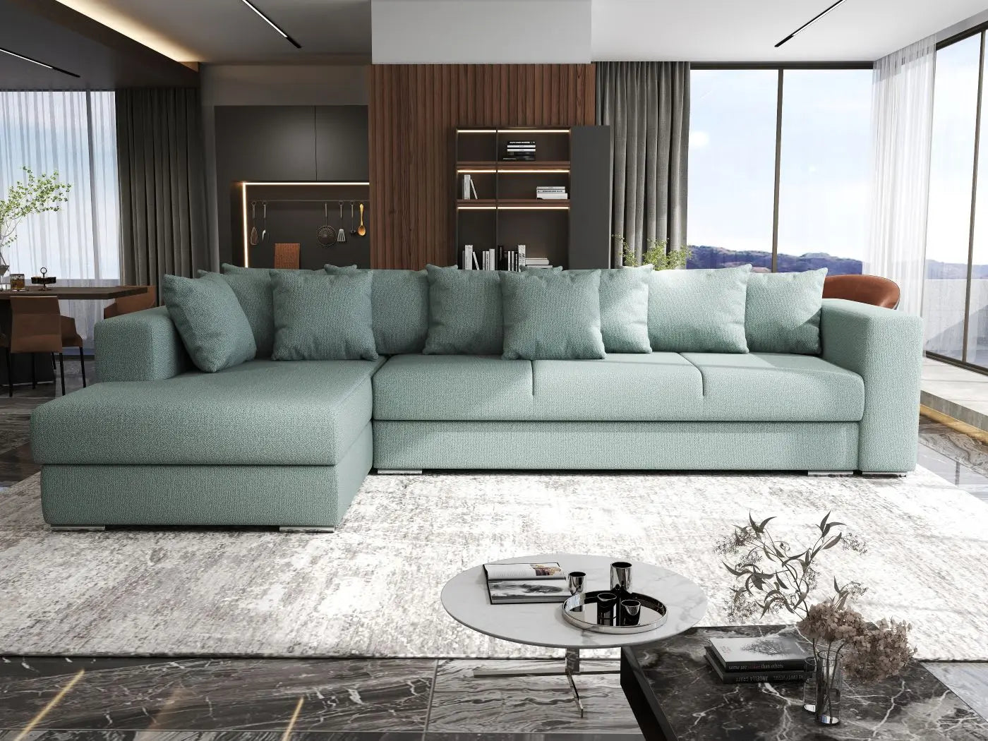 Colțar extensibil dumonde cu ladă de depozitare si sezut confortabil din spuma HR, Gloria Mint 320x183 cm Fabrica