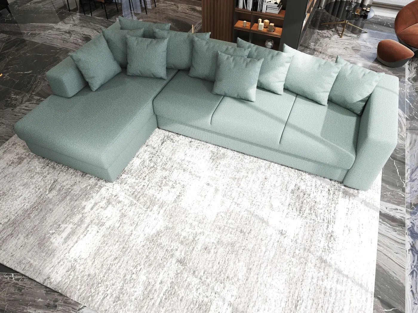 Colțar extensibil dumonde cu ladă de depozitare si sezut confortabil din spuma HR, Gloria Mint 320x183 cm Fabrica