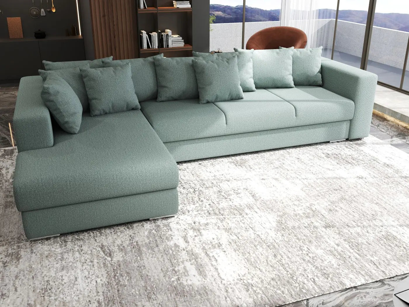 Colțar extensibil dumonde cu ladă de depozitare si sezut confortabil din spuma HR, Gloria Mint 320x183 cm Fabrica