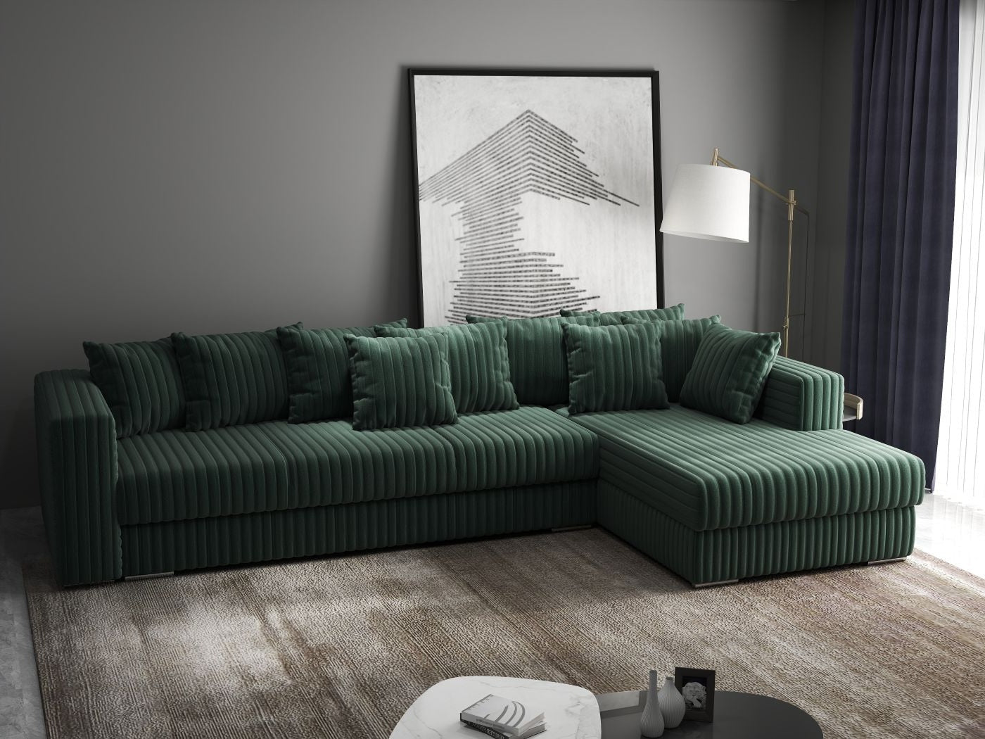 Colțar extensibil dumonde cu ladă de depozitare si sezut confortabil din spuma HR, Gloria Ambience Green II 320x183 cm Fabrica