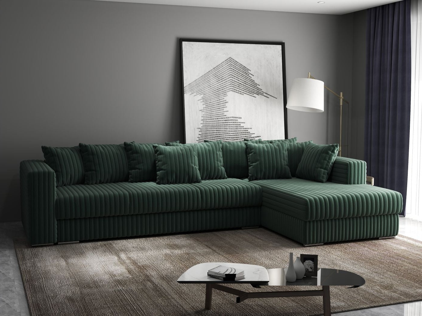 Colțar extensibil dumonde cu ladă de depozitare si sezut confortabil din spuma HR, Gloria Verde Ambience II 320x183 cm Fabrica