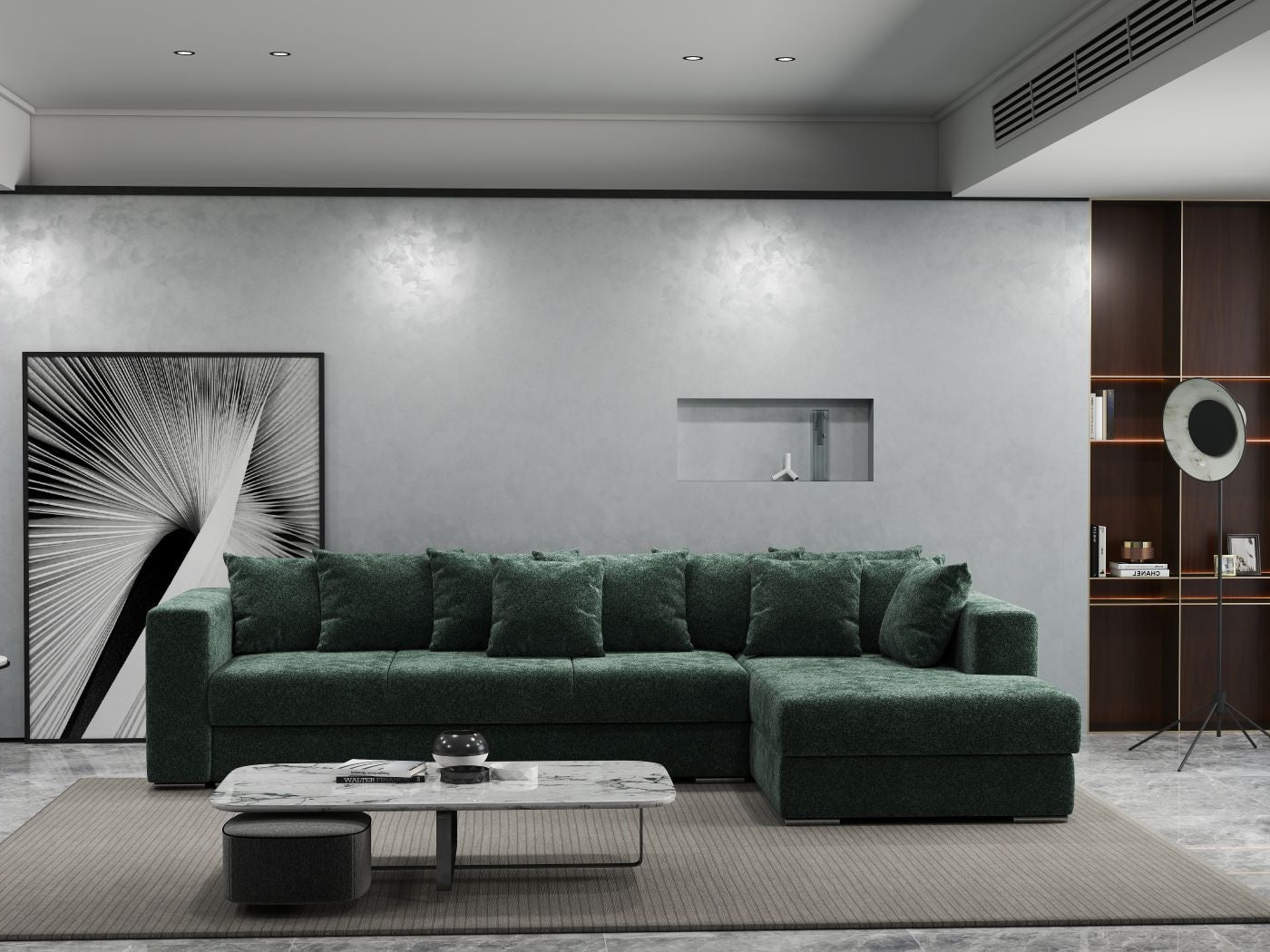 Colțar extensibil dumonde cu ladă de depozitare si sezut confortabil din spuma HR, Gloria Euphoria Green II 320x183 cm Fabrica